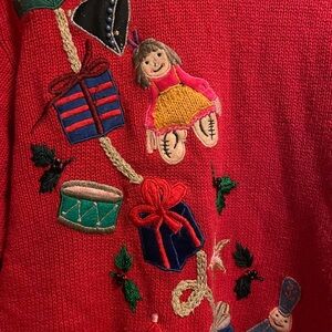 Festive Red Sweater with Embroidered Holiday Design